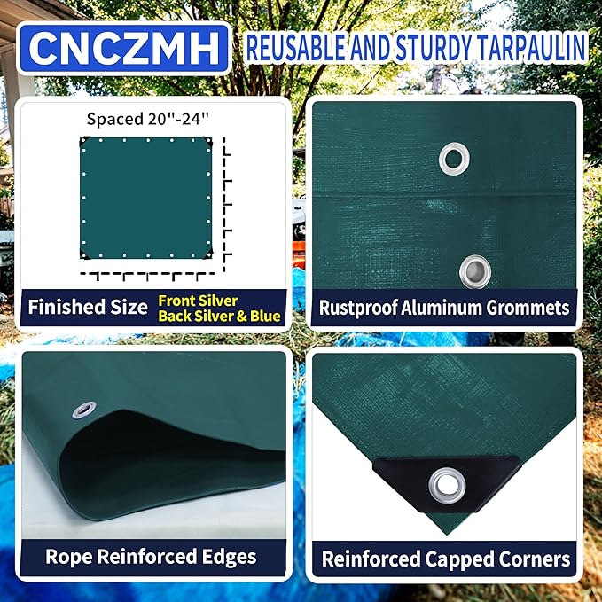 Heavy Duty Tarp Waterproof 12x16 Feet, 10 Mil Thick Green Poly Tarps Outdoor, Metal Grommets, Reinforced Edges, Multipurpose Tarpaulin Protective Cover for Camping, Boat, Swimming Pools, Car