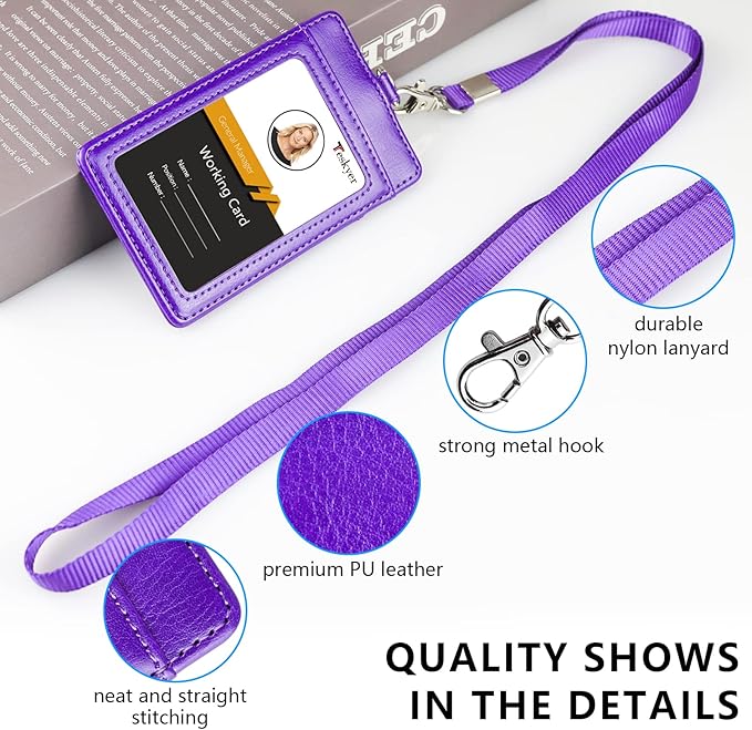 Teskyer Badge Holder with Lanyard, Leather ID Name Badge Card Holder with Lanyard for ID Badges, Vertical Purple