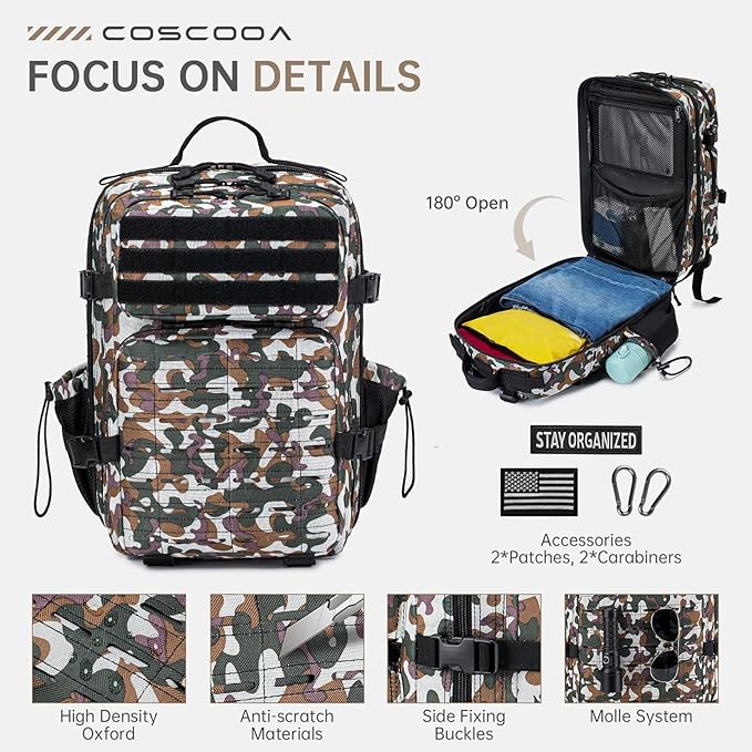 Tactical Military Backpack for Man, 45L Waterproof Army Pack Rucksack Hiking Laptop Backpack 3 Day Bug Out Bag, Includes Two Flags and Two Carabiner Camouflage