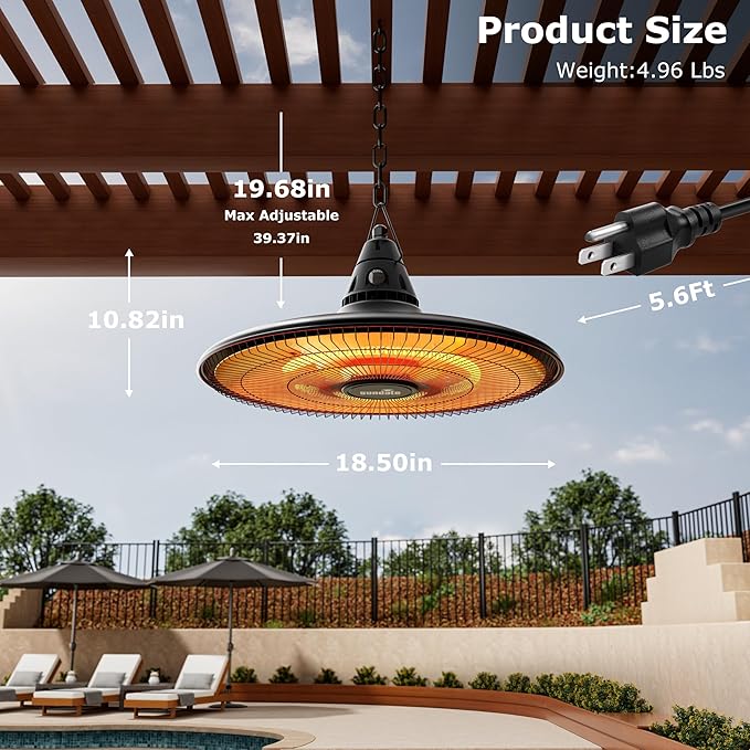 Hanging Heater, 1500W Outdoor Electric Patio Ceiling Heater with Remote Control, Infrared for Courtyard, Garage, Patio, Overheat & Tip-Over Protection, Waterproof, Brown