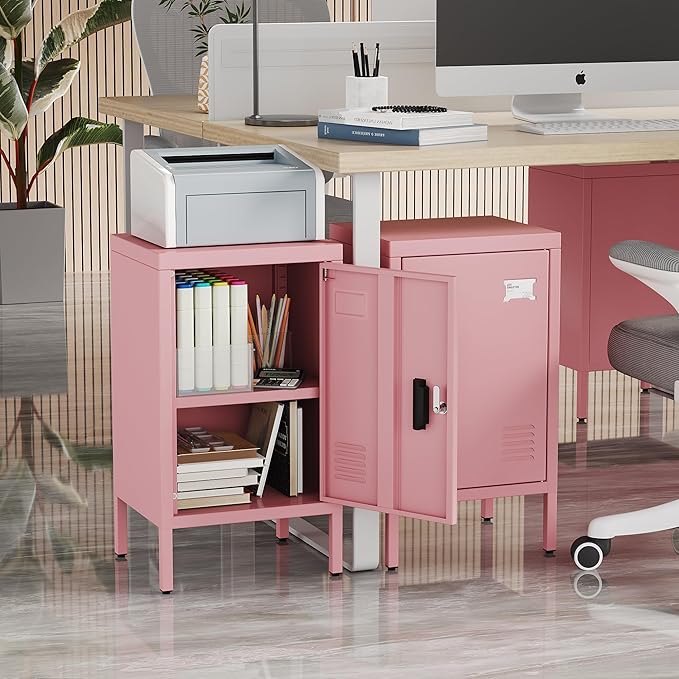 24.4" H Metal Locker Storage Cabinet with Adjustable Shelf, 1 Door Small Storage Cabinet with Adjustable Leveling Foot for Home,Office, Kids Locker,Assembly Required,Pink