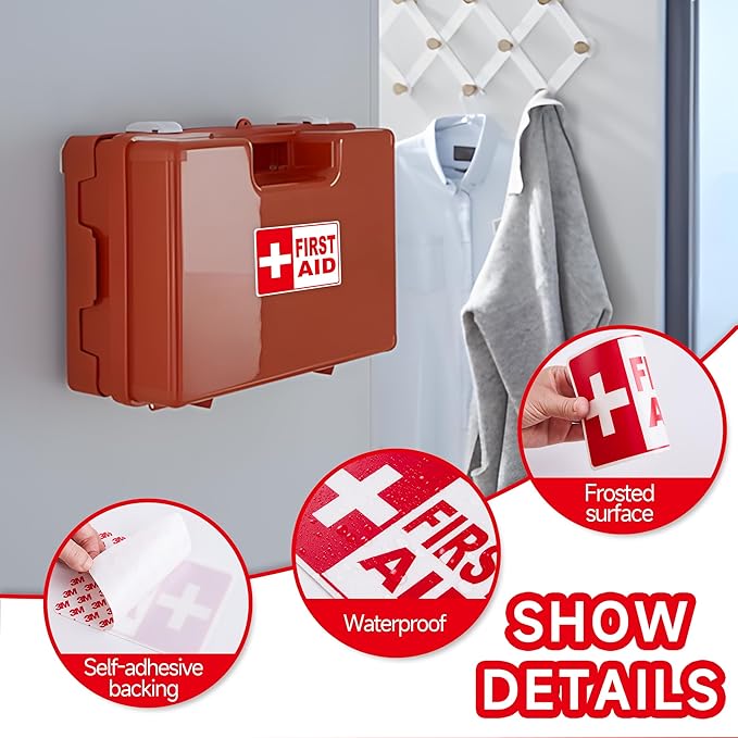 3PCS First Aid Sign Sticker for Home，Self-Adhesive Waterproof First Aid Decals for First Aid Boxes, Emergency First Aid Kit Supplies for Car, Office or Business 5.7"x4"