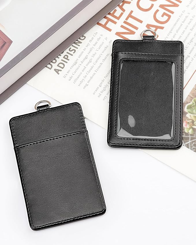 Teskyer Leather ID Badge Holder with Lanyard for Work School IDs, Cruise Ship Cards, Hotel Key Card, All Kinds of Pass Cards - Black