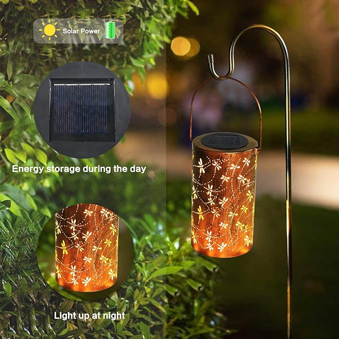 YISITEONE 4-Pack Dragonfly Outdoor Solar Lanterns, Garden Waterproof Metal Hanging Decor Lights for Patio Yard Pathway Lawn Front Porch, Birthday Gardening Gifts for Women Mom Grandma