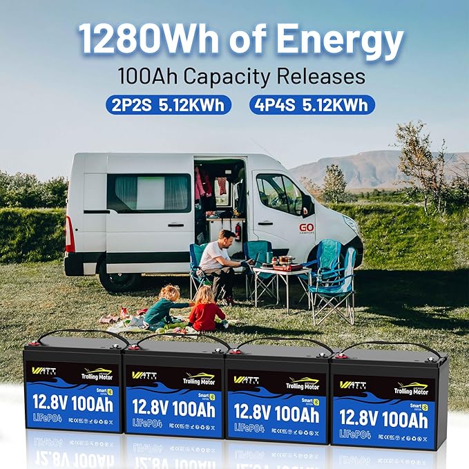WattCycle 12V 100Ah Lithium Battery, LiFePO4 Battery 12V 120A BMS, IP67 Marine Batteries for Trolling Motor, Built-in Bluetooth, Monitor, Mobile APP, Perfect for Boat, Marine, RV, Home Energy, Solar