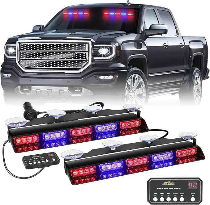 XRIDONSEN 2x 17 inch Emergency Dash Police Lights 40 LED Red Blue Police Light Bar Interior Front/Rear Windshield Strobe Lights Safety Warning Hazard Caution w/Suction Cups for Vehicles Trucks Car