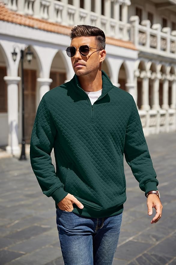 COOFANDY Mens Quarter Zip Pullover Quilted Sweatshirt Knit Long Sleeve Mock Neck Sweater Polo with Pocket