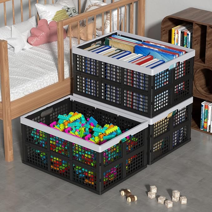 Saedy 66 L Extra Large Plastic Storage Crate, Foldable Milk Crates for Organizing, 3 Pack