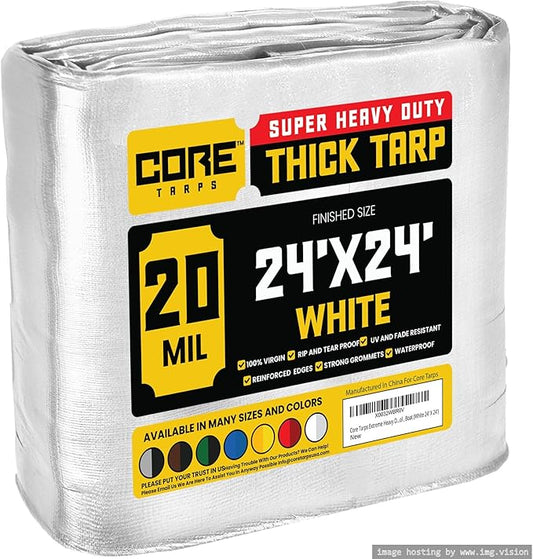 Core Tarps Extreme Heavy Duty 20 Mil Tarp Cover, Waterproof, UV Resistant, Rip and Tear Proof, Poly Tarpaulin with Reinforced Edges for Roof, Camping, Patio, Pool, Boat (White 24′ X 24′)