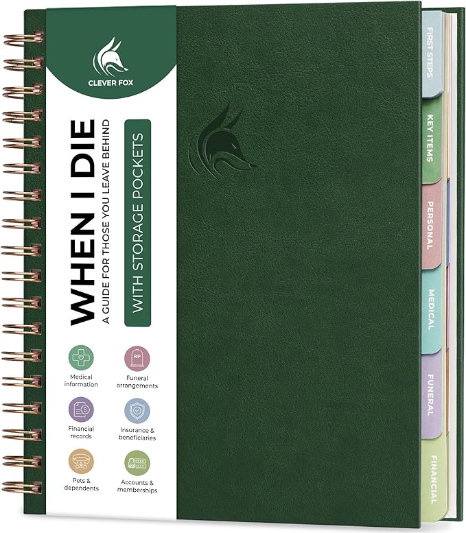 Clever Fox When I Die Planner With Pockets for Documents – End-of-Life Organizer Binder for Important Personal Info & Final Wishes (Dark green)