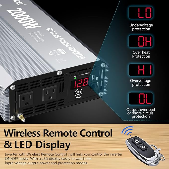 GIANDEL Power Inverter 2000W Modified Sine Wave DC 12V to AC 110V 120V with Wireless Remote Controller LED Display & 2.4 Amps USB Port for RV Truck Boat