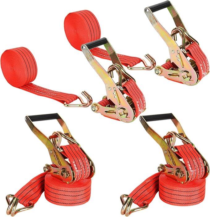 HNBun 4 Pack Ratchet Tie Down Straps, 2 Inch x 20 Feet, 10,000 lbs Break Strength, Heavy Duty Cargo Lashing Straps with Double J Hooks for Trailer, Truck, and Farm Equipment, Red