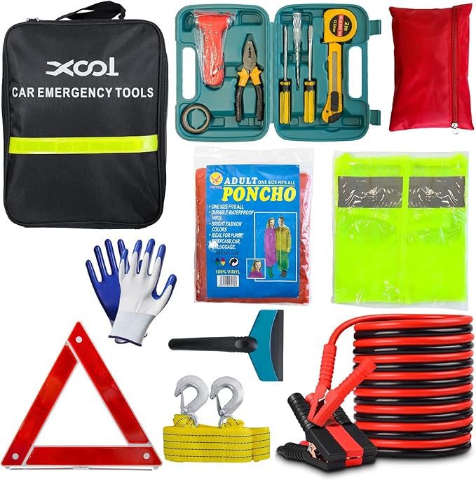 XOOL Car Emergency Kit with Jumper Cables, First Aid Kit, Tow Strap & Tool Set – 88PCS Roadside Safety Kit for Cars, Trucks & SUVs