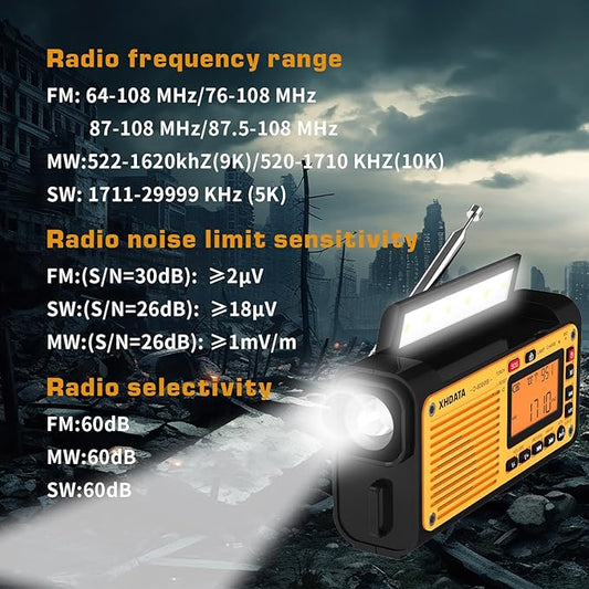 XHDATA D608WB Emergency Radio Hand Crank Weather Radio FM/AM/SW/NOAA Alert Portable Radio, Bluetooth MP3, USB/Solar/Hand Crank Charging, Flashlight, Reading Lamp and SOS Alarm
