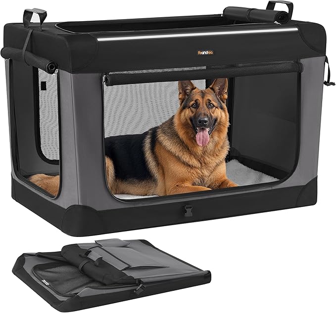 Feandrea Collapsible Dog Crate, 42-Inch Portable Dog Travel Crate for Large Dogs, Oxford Fabric Pet Carrier with 4 Mesh Doors, Handles, Storage Pocket, Water Bottle Holder, Ink Black UPDC021B01