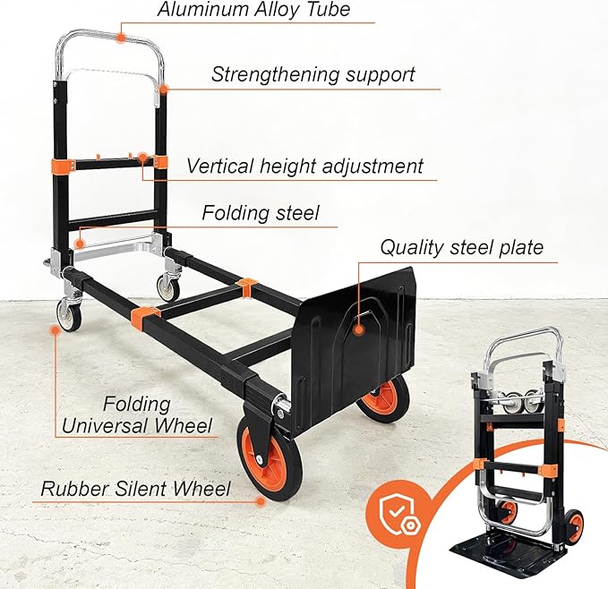 3-in-1 Aluminum Hand Truck Dolly, 600 lbs Heavy Duty Folding Trolley with Universal Wheels, Convertible Hand Truck with Tie Down Straps for Warehouse, Supermarket, Office (Orange)