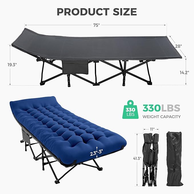 JEAREY Folding Camping Cot for Sleeping, Camping Cots for Adults with Mattress, 1200D Double Layer Oxford Portable Folding Cot Bed with Carry Bag for Guest, Travel, Hiking, Navy