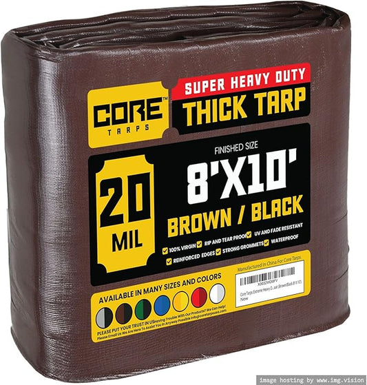 Core Tarps Extreme Heavy Duty 20 Mil Tarp Cover, Waterproof, UV Resistant, Rip and Tear Proof, Poly Tarpaulin with Reinforced Edges for Roof, Camping, Patio, Pool, Boat (Brown/Black 8′ X 10′)