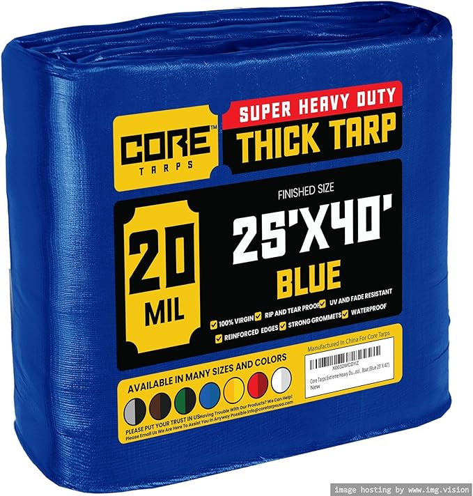 Core Tarps Extreme Heavy Duty 20 Mil Tarp Cover, Waterproof, UV Resistant, Rip and Tear Proof, Poly Tarpaulin with Reinforced Edges for Roof, Camping, Patio, Pool, Boat (Blue 25′ X 40′)