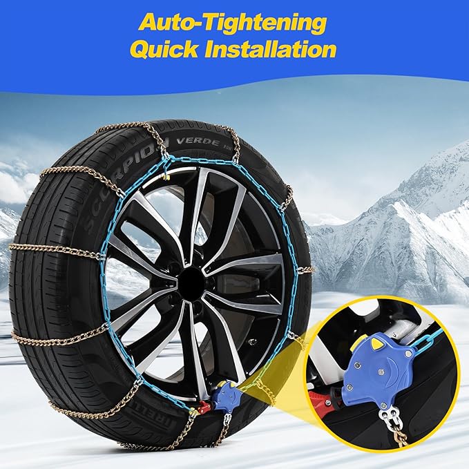 Auto Tightening Snow Chains for Cars, SUVs & Pickup Trucks – 1-Min Quick-Fit Auto Installation, Reusable Universal Emergency Traction Tire Chains – Set of 2（ALN90）