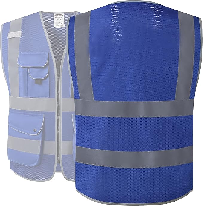 JKSafety 9 Pockets High Visibility Safety Vest for Men and Women, Hi-Vis Reflective Blue Safety Vests with Zipper Front, Meet ANSI/ISEA Standards (159-Blue 4XL)