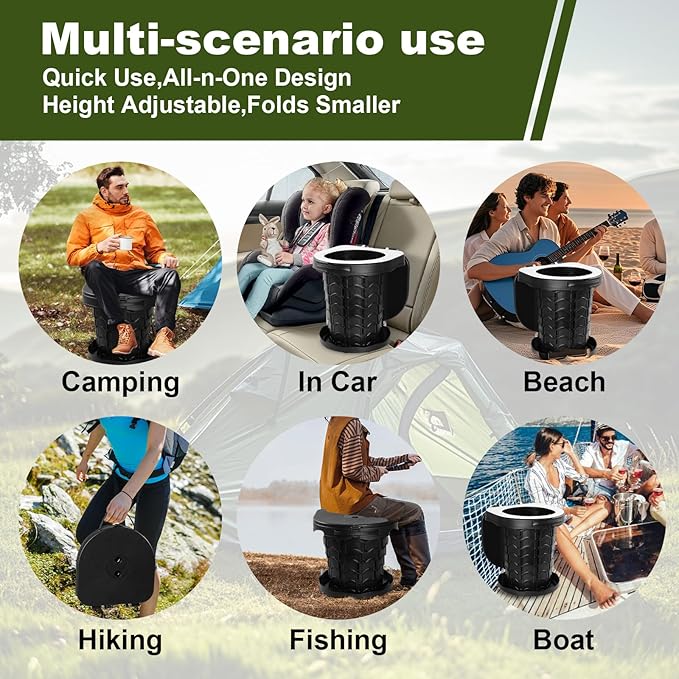 Collapsible Portable Toilet with Odor-Lock Lid - 1-Minute Setup Adjustable Height (2.95in-13.58in) 400lbs Capacity, Backpack-Friendly 3-in-1 Camp Potty for Camping, Hiking, Car, RV & Emergency Use