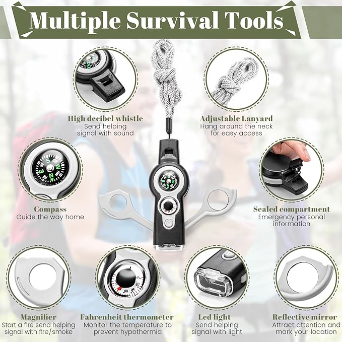 12 Pack Emergency Survival Whistle 7-in-1 Compass Hiking Survival Safety Whistle with Lanyard Outdoor Multifunctional Tool Ideal for Hiking Camping Rescue Signaling