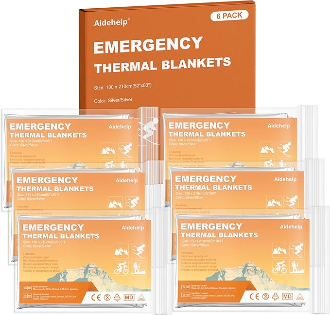 6 Pack Emergency Blankets (83" x 52") - Mylar Thermal Space Blankets for Survival and Protection - Ideal for Camping, Outdoors, Hiking, Rescue, Marathons