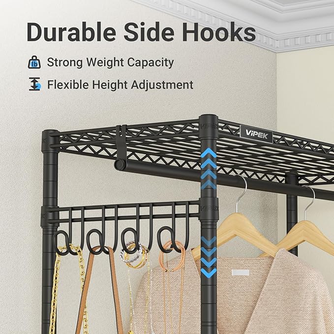 VIPEK R2C Heavy Duty Rolling Garment Rack with Cover, Portable Closets with Double Rods & Lockable Wheels, Covered Clothing Rack for Hanging Clothes, Black Rack with Black Upgarded Polyester Cover