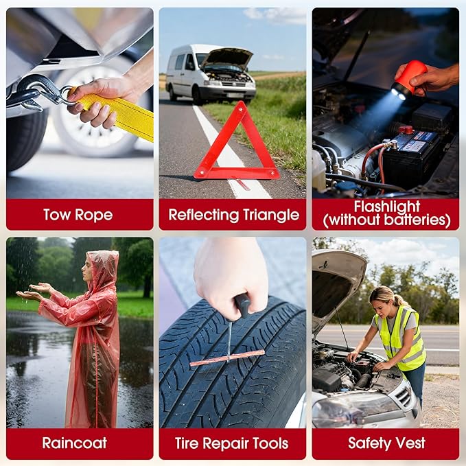Roadside Emergency car Kits for Vehicles, 12PCS Car Safety Kit with Jumper Cables, Portable Air Compressor, Tow Strap, Tool Kit, Road Trip Essentials for Women, Men, Christmas Gifts