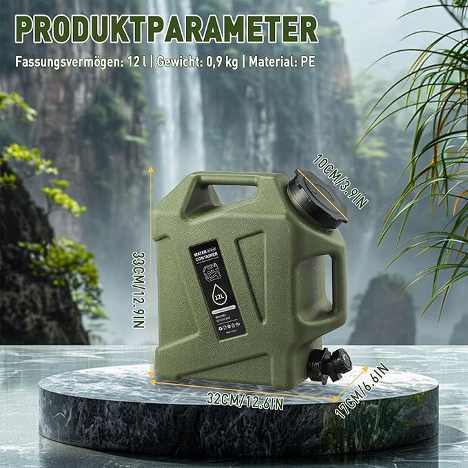 3.2 Gallon Water Jug,Camping Water Container with Spigot,BPA-Free with Cleaning,Brush Military Green Tank Portable,Suitable for Outdoor Camping and Hiking,Army Green