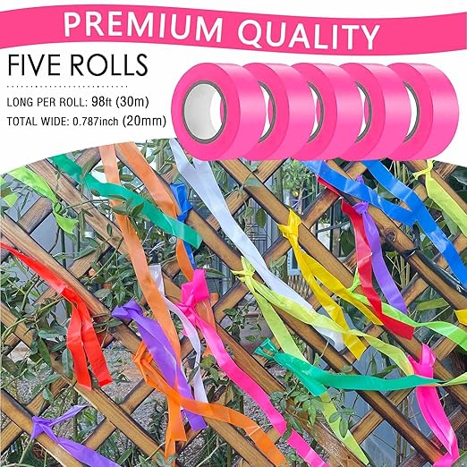 5 Pack Pink Flagging Tape, Non-Adhesive Plastic Ribbon Neon Marking Roll, 0.78"*500ft, Marking Tape for Tree Marking, Hunting, Boundaries and Hazardous Areas,Trail Marking