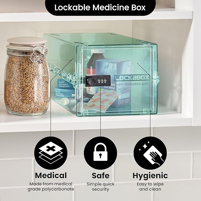 Lockabox One™ | Premium Medicine Lock Box | Medium Medication Lock Box With Code For Medicines, Vitamins & Supplements | External Size 12 x 8 x 6.6 inches (Light Medi Green)