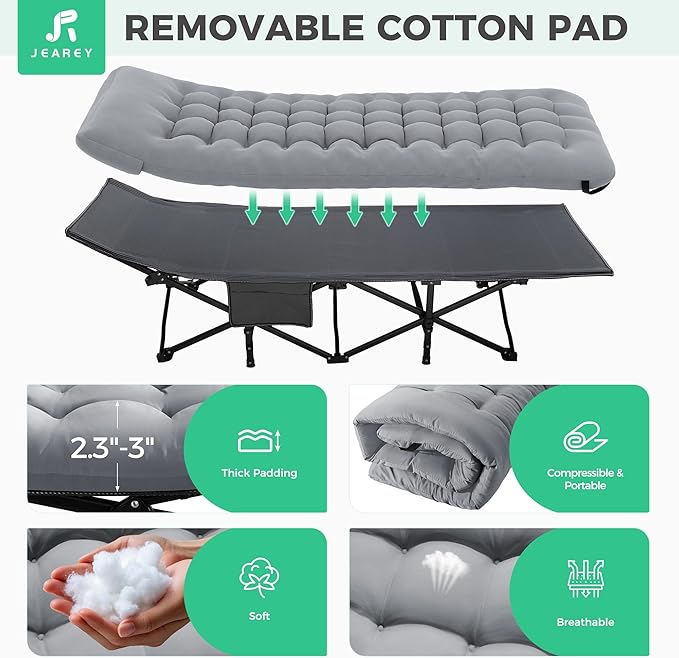JEAREY 2-Piece Folding Camping Cot, Heavy Duty Camping Cots for Adults with Mattress, 1200D Double Layer Oxford Portable Folding Cot Bed with Carry Bag for Guest, Travel, Hiking, Light Gray