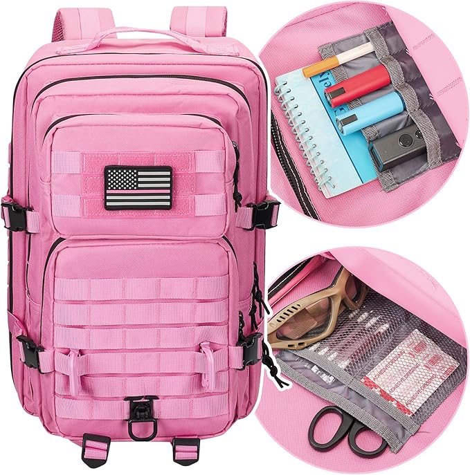 MOLLE Assault Backpack, Tactical Backpack Military Army Camping Rucksack, 3-Day Pack Trip w/USA Flag Patch, D-Rings, Pink