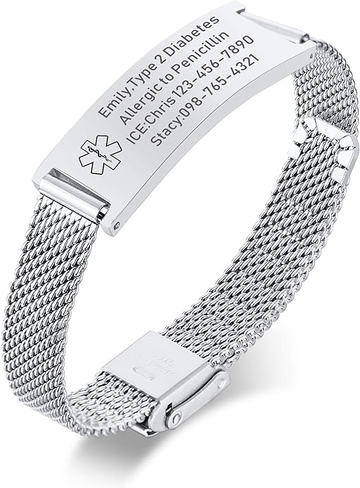VNOX Medical Alert Bracelets for Men & Women Kids with Free Engraving Adjustable Stainless Steel Mesh Emergency Medical ID Bracelets Wristband
