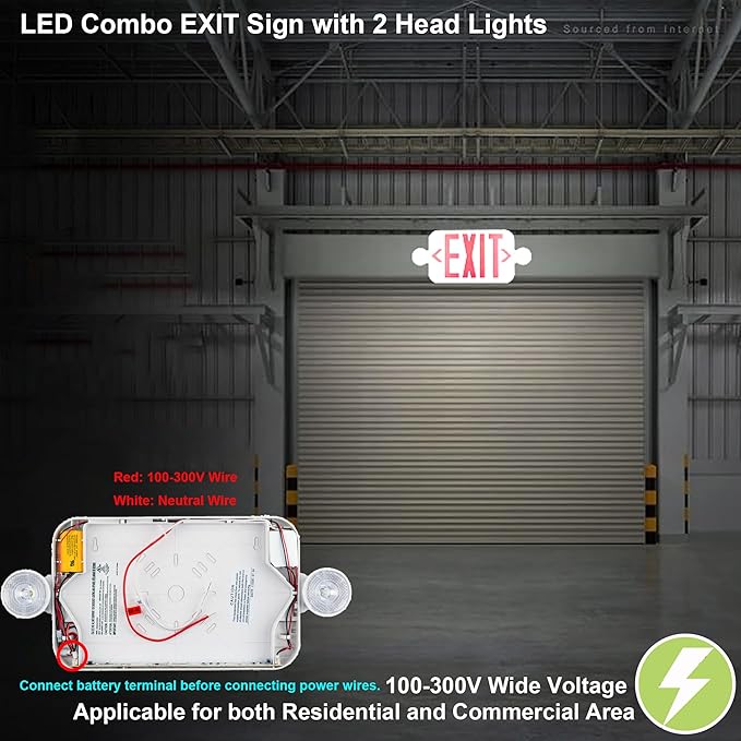 LIT-PaTH LED Combo EXIT Sign with 2 Adjustable Head Lights and Doube Face, Back Up Batteries- US Standard Red Letter Emergency Exit Lighting, UL 924 and CEC Qualified, 120-277 Voltage, 1-Pack