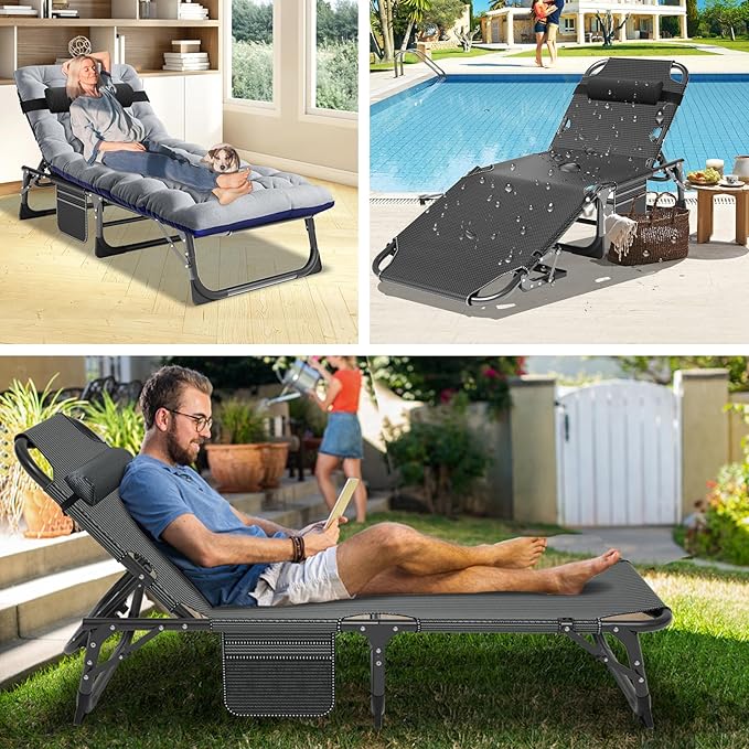 ABORON Patio Lounge Chair, Folding Guest Bed Cot for Adults, 500LB Heavy-Duty Capacity, Portable Extra Bed with Comfort Mat, Quick Fold Design for Indoor Guest Stays & Temporary Use