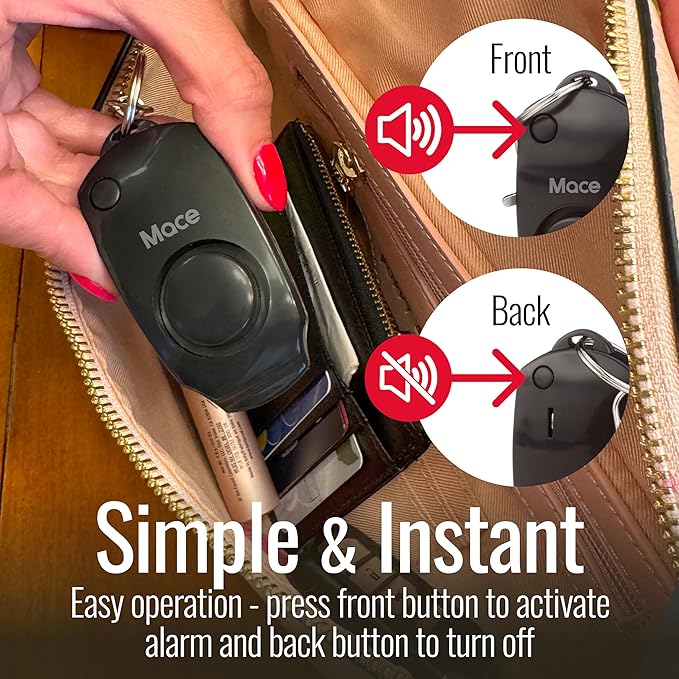 Mace Personal Safety Alarm - Loud 130db Siren, Built in Emergency Whistle, Easy On/Off Push Button Activation, Batteries Included, Personal Alarm for Women & Men - Black