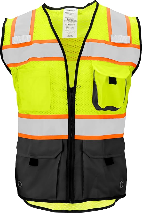 Ironwear 1244 Class 2 Black Bottom Safety Vest w/Zipper & Radio Clips