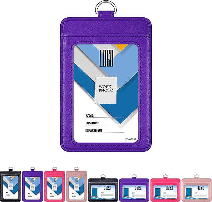 Badge Holder, Wisdompro School Supply 2-Sided PU Leather College ID Badge Card Holder Wallet Case with 1 Clear ID Window and 1 Credit Card Slot and 22 Inch Detachable Neck Lanyard - Purple (Vertical)
