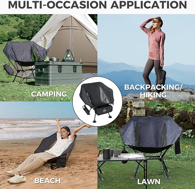 ATEPA UFO3.0 Backpacking Camping Chair, Ultralight Extra Wide Comfortable Folding Chairs Heavy Duty Portable Hexagon Ergonomic Height Adjustable Seat with Anti-Sinking Feet for Hiking Outdoor, Black