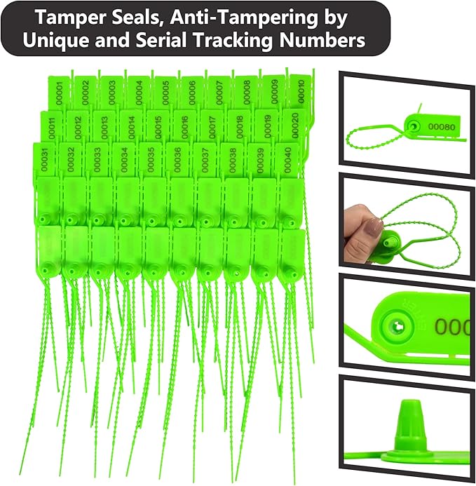 100 Plastic Security Seals Numbered Zip Ties Pull Tite Safety Tags Tear-Off Security Tags Secure Anti-Tamper Tags for Fire Extinguisher, Clothes, Bags (Green)