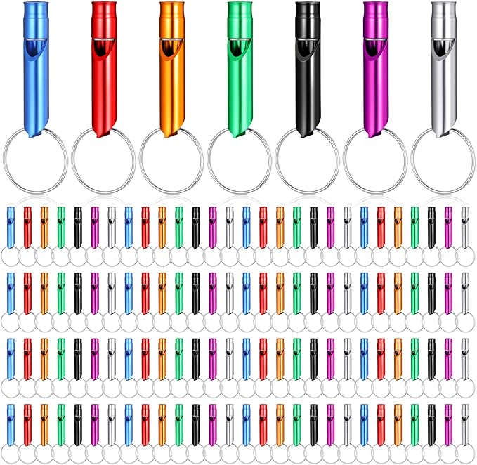 120 Pcs Bulk Emergency Whistles Aluminum Survival Whistle with Keychain 7 Colors Extra Loud Safety Whistle for Camping Hiking Hunting Fishing Boating Outdoor Sports