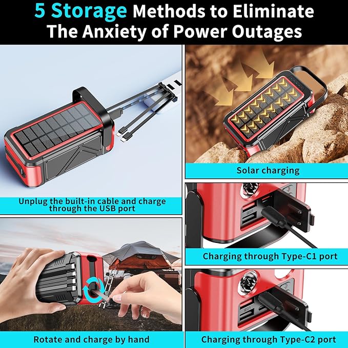 Ultra High Capacity Solar Power Bank 80000mAh, PD18W Solar Charger Power Bank with Built-in Cables, 4 Outputs & 2 Inputs, Outdoor Battery Pack with LED Flashlight for Outdoor Camping Survival (Red)