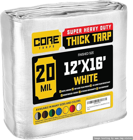 Core Tarps Extreme Heavy Duty 20 Mil Tarp Cover, Waterproof, UV Resistant, Rip and Tear Proof, Poly Tarpaulin with Reinforced Edges for Roof, Camping, Patio, Pool, Boat (White 12′ X 16′)