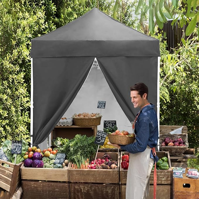 EAGLE PEAK 5x5 Instant Canopy with 4-Side Wall Panels, Small Pop up Portable Canopy Tent with Carry Bag, Light Weight Sun Shelter for Sports, Camping and Beach, Gray