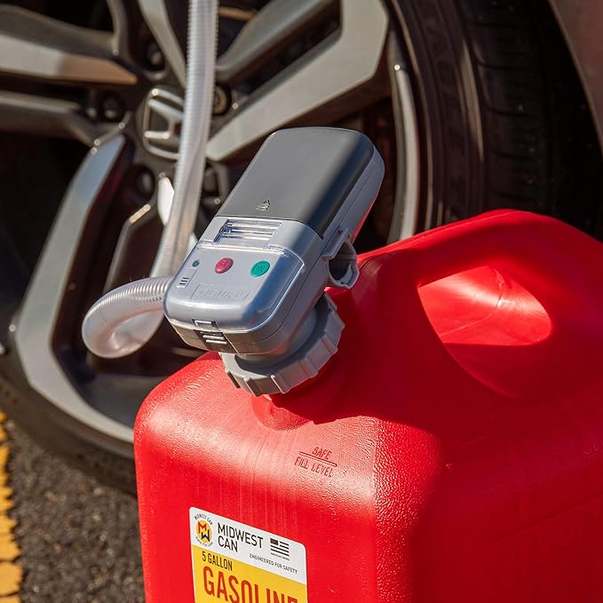 Deway Automatic Fuel Transfer Pump w/Auto-Stop, 2.4 GPM Flow Rate & AA Battery Powered, Advanced Adapter Fits All Size Gas Cans, Extra Long Hose, Portable Liquid Pump for Gasoline, Diesel Fuel & More