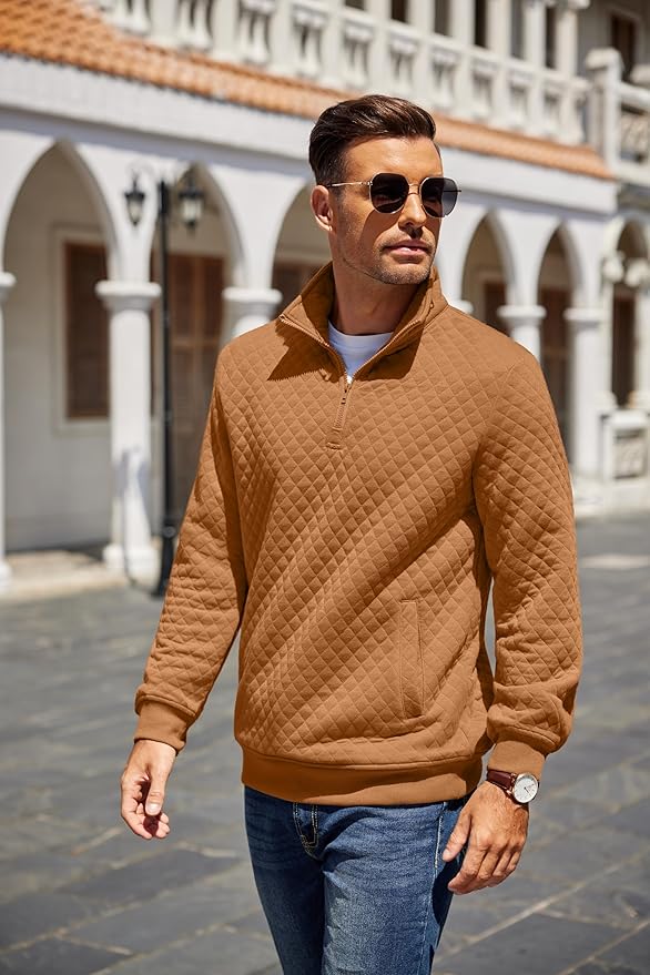 COOFANDY Mens Quarter Zip Pullover Quilted Sweatshirt Knit Long Sleeve Mock Neck Sweater Polo with Pocket