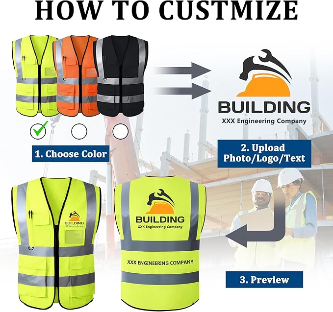 Custom Safety Vest with Logo, High Visibility Reflective Personalized Vest with Pockets for Men Women Construction